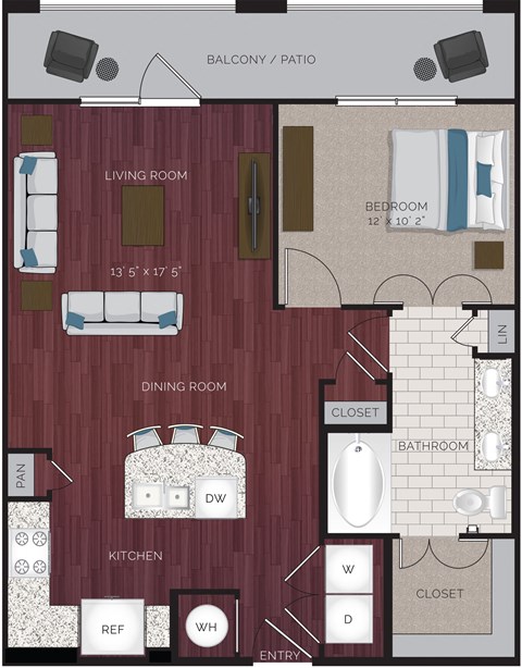 Floor plan for 1 bed, 1 bath, 759 sqft